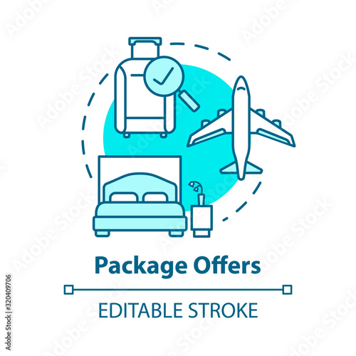 Package offers concept icon. Cost effective, all inclusive tour idea thin line illustration. Transportation and accommodation included. Vector isolated outline RGB color drawing. Editable stroke