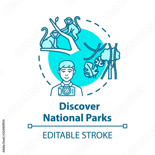 Discover national parks concept icon. Wildlife reserve visit, tourist activity idea thin line illustration. Natural landmark exploration. Vector isolated outline RGB color drawing. Editable stroke