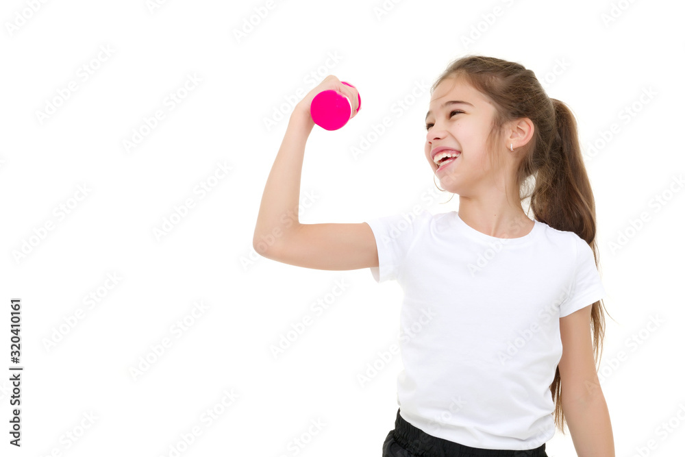 Little girl doing exercises with dumbbells. Little girl doing exercises with dumbbells.