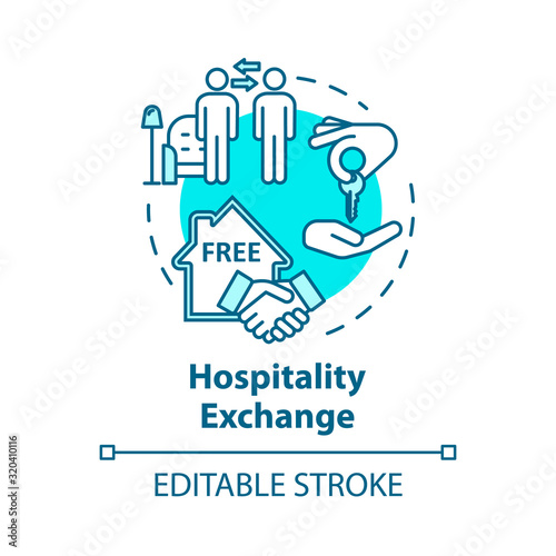 Hospitality exchange concept icon. Budget tourism, cheap accommodation idea thin line illustration. Free stay arrangement. Vector isolated outline RGB color drawing. Editable stroke