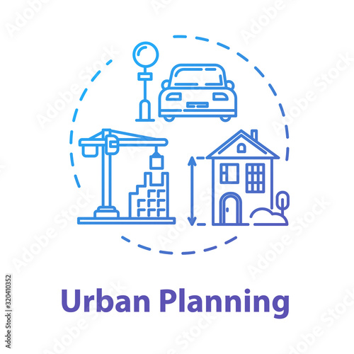 Urban planning concept icon. Housing business. Infrastructure and transportation. Suburban settlement. Building construction idea thin line illustration. Vector isolated outline RGB color drawing