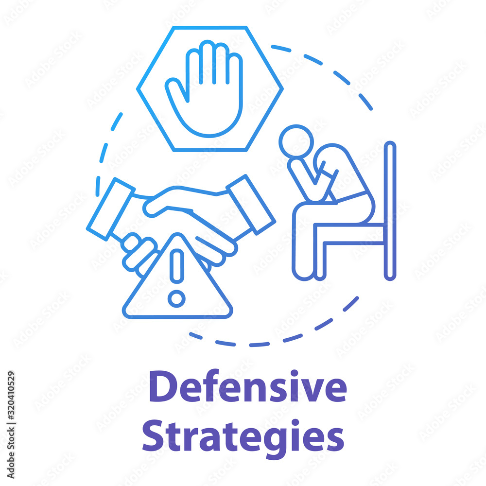 Defensive strategies concept icon. Policy coverage. Hardships in business. Dealing with conflict. Competition idea thin line illustration. Vector isolated outline RGB color drawing Defensive strategies concept icon. Policy coverage. Hardships in business. Dealing with conflict. Competition idea thin line illustration. Vector isolated outline RGB color drawing