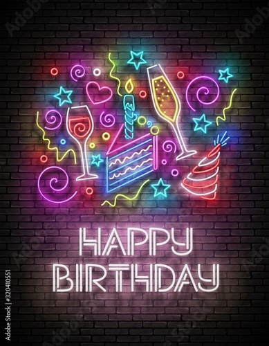 Greeting Card with Piece of Cake, Champagne, Confetti and Happy Birthday Inscription