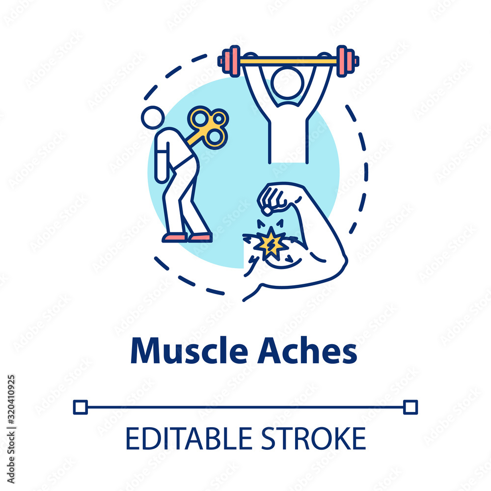 Muscle aches concept icon. Physical strain. Arm inflammation. Hurt from overwork. Joint pain. Influenza symptom idea thin line illustration. Vector isolated outline RGB color drawing. Editable stroke Muscle aches concept icon. Physical strain. Arm inflammation. Hurt from overwork. Joint pain. Influenza symptom idea thin line illustration. Vector isolated outline RGB color drawing. Editable stroke