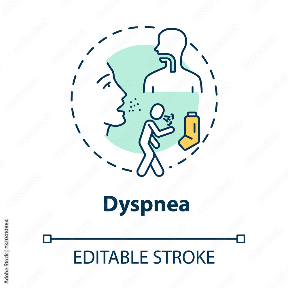 Dyspnea concept icon. Shortness of breath. Asthma inhaler. Respiratory disease. Influenza symptom idea thin line illustration. Vector isolated outline RGB color drawing. Editable stroke