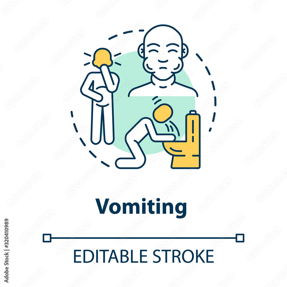 Vomiting concept icon. Stomach poisoning. Puking from hangover. Gastritis and nausea. Flu symptom idea thin line illustration. Vector isolated outline RGB color drawing. Editable stroke Vomiting concept icon. Stomach poisoning. Puking from hangover. Gastritis and nausea. Flu symptom idea thin line illustration. Vector isolated outline RGB color drawing. Editable stroke