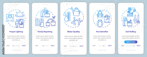 Flowers concern onboarding mobile app page screen with concepts. Water temperature. Herbs cultivation walkthrough five steps graphic instructions. UI vector template with RGB color illustrations