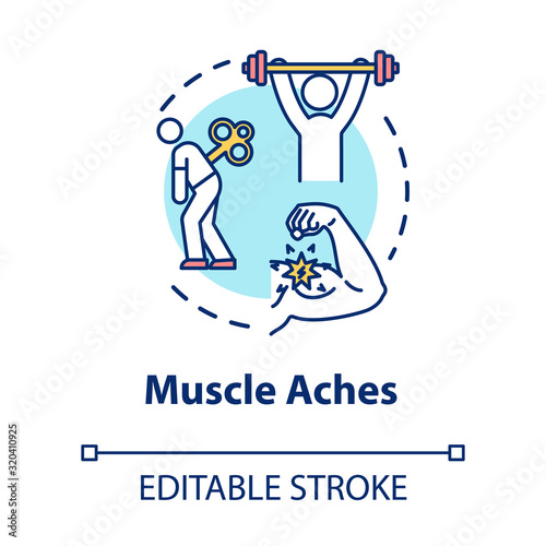 Muscle aches concept icon. Physical strain. Arm inflammation. Hurt from overwork. Joint pain. Influenza symptom idea thin line illustration. Vector isolated outline RGB color drawing. Editable stroke