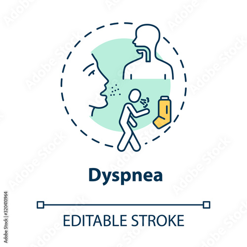 Dyspnea concept icon. Shortness of breath. Asthma inhaler. Respiratory disease. Influenza symptom idea thin line illustration. Vector isolated outline RGB color drawing. Editable stroke