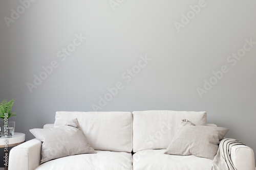 Modern living room interior background, Scandinavian style, 3D illustration. Living room mockup.