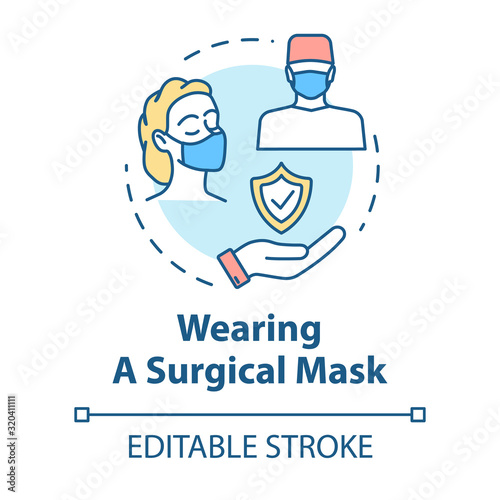 Wearing surgical mask concept icon. Dust pollution. Face protection. Safety for surgeon. Influenza prevention idea thin line illustration. Vector isolated outline RGB color drawing. Editable stroke