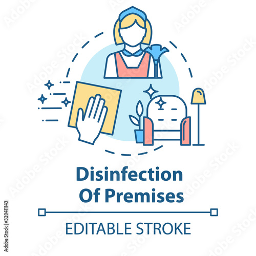 Disinfection of premises concept icon. Sanitation at home. Cleaning service. Hand wiping furniture. Housework idea thin line illustration. Vector isolated outline RGB color drawing. Editable stroke