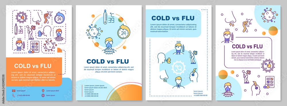 Plakat Szablon broszury na temat przeziębienia i grypy. Objawy chorób układu oddechowego. Ulotka, broszura, druk ulotek, projekt okładki z liniowymi ikonami. Układy wektorowe czasopism, raportów rocznych, plakatów reklamowych
