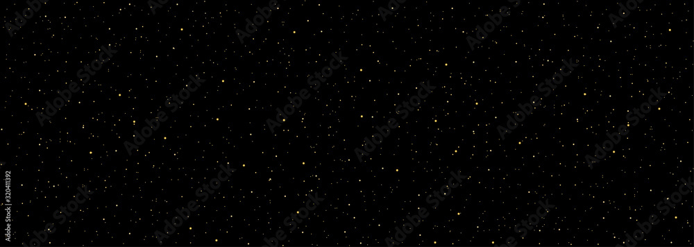 Detailed realistic panoramic night starry black sky. Cosmos concept. Galaxy explosion. Stars in space abstract. Astronomy beauty pattern. Congratulations or invitation background. Vector illustration