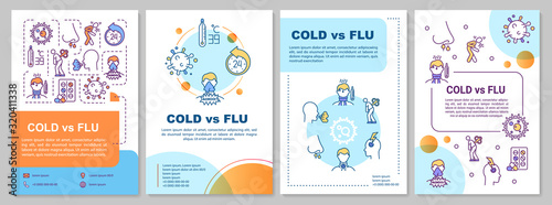 Plakat Szablon broszury na temat przeziębienia i grypy. Objawy chorób układu oddechowego. Ulotka, broszura, druk ulotek, projekt okładki z liniowymi ikonami. Układy wektorowe czasopism, raportów rocznych, plakatów reklamowych