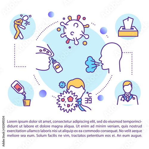 Flu virus concept icon with text. Influenza symptoms. Respiratory sickness cause and treatment. PPT page vector template. Brochure, magazine, booklet design element with linear illustrations