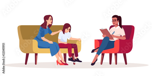 Family psychotherapy session semi flat RGB color vector illustration. Mother and daughter relationship. Talk therapy. Transitional age. Psychology consultation. Isolated cartoon character on white