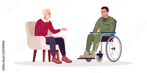 Private psychotherapy session semi flat RGB color vector illustration. Post-traumatic stress disorder. Psychology consultation. Appointment with therapist. Isolated cartoon character on white