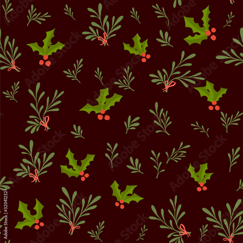Seamless pattern of mistletoe with berries and green leaves christmas love brain flat vector illustration on brown background