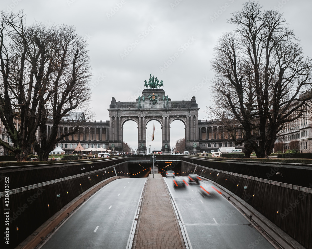 Parc du Cinquantenaire or Jubelpark in a cloudy day, in Brussels, Belgium