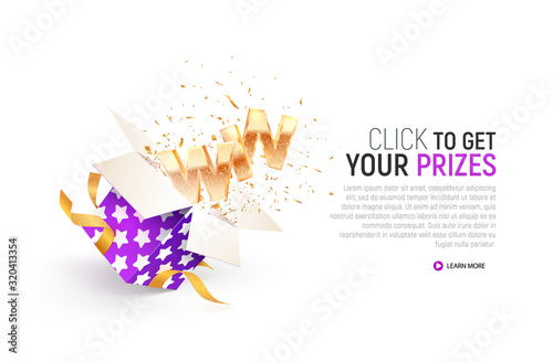 Greeting winner. Gambling vector banner. Victory celebration. Open textured purple box with confetti explosion inside and win gold word on white background 