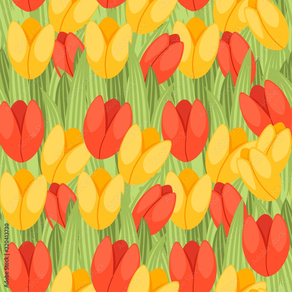 Seamless pattern spring red and yellow tulip green flower pattern and grass flat vector illustration Seamless pattern spring red and yellow tulip green flower pattern and grass flat vector illustration