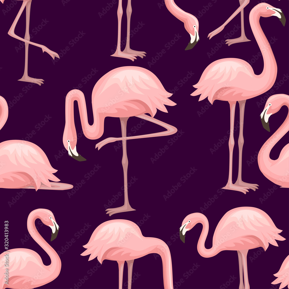 Obraz premium Seamless pattern of cute cartoon peach pink flamingo. Funny flamingo collection. Cartoon animal character design. Flat vector illustration on dark background