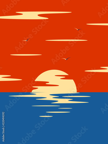 Sea sunset. Seascape with a bright crimson sky.
