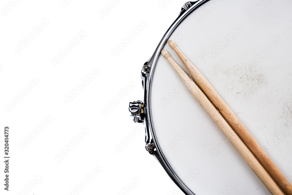 Silver Snare Drum with Sticks on White Background Silver Snare Drum with Sticks on White Background