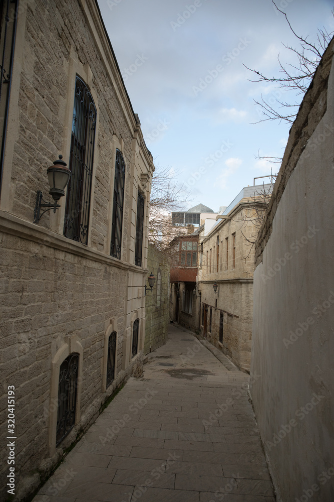 Empty street in old city of Baku, Azerbaijan. Old city Baku. Inner City buildings.