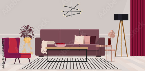 Sophisticated living room interior with striped carpet and burgundy sofa.