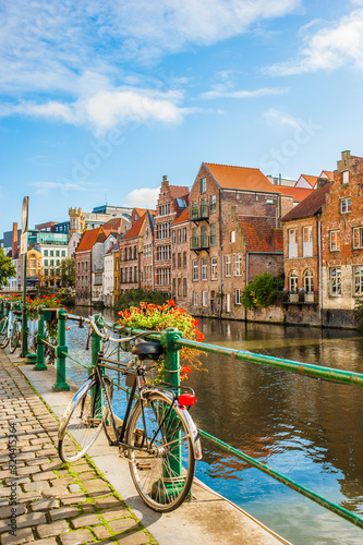 Vibrant street view of downtown Ghent, capital city of east Flanders province, Belgium along Leie river photo