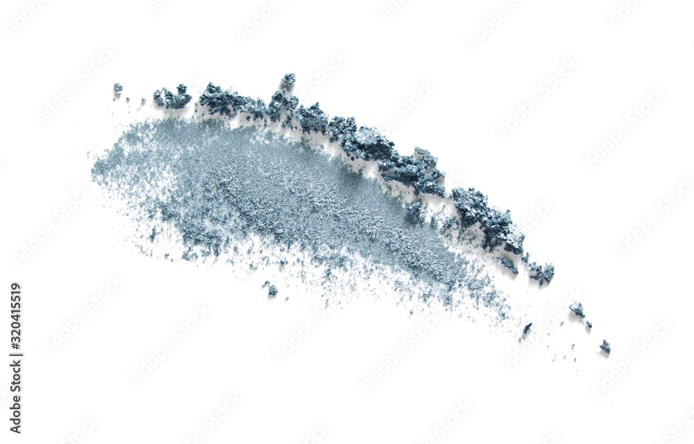 Eye shadow swatch isolated on white. Blue gray eyeshadow makeup smear smudge stroke. Pale muted color face powder product texture - obrazy, fototapety, plakaty 