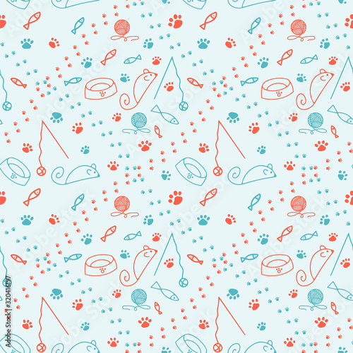Seamless pattern with simple fish and paw print from cat steps, mouse-toy. Color vector illustration. Design for packaging goods or textiles for pet