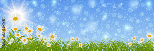 Spring banner vector design template. Blue sky background with flowers and bokeh effect