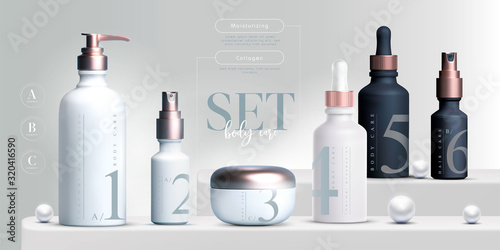 Vector 3D elegant cosmetic products set background premium cream jar for skin care products. Luxury facial cream. Cosmetic ads flyer or banner design. Cosmetic cream template. Makeup products brand. photo