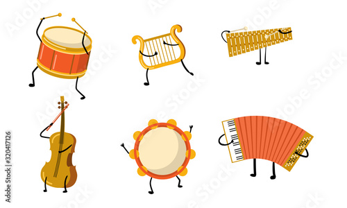 Different musical instuments characters with hands and legs vector illustration