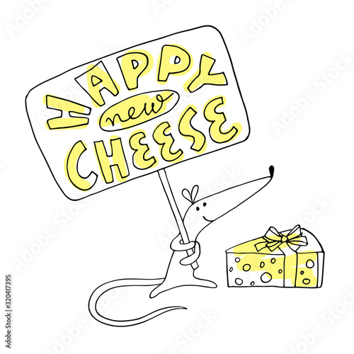 New year illustration with mouse - symbol of year 2020, and funny slogan Happy New Cheese in doodle style isolted on white background. Hand drown vector for celebration and printshop