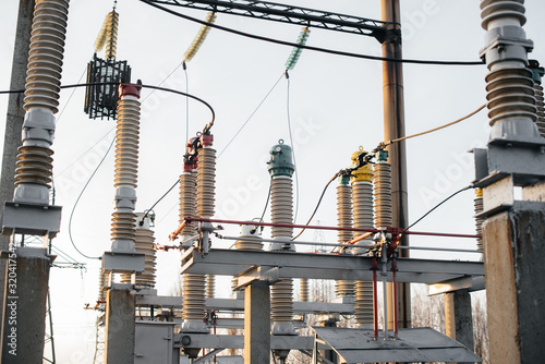 Power transformer at the electrical substation. Power engineering. Industry