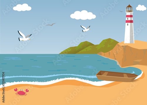 Sea Shore with Wooden Boat, Gulls and Lighthouse