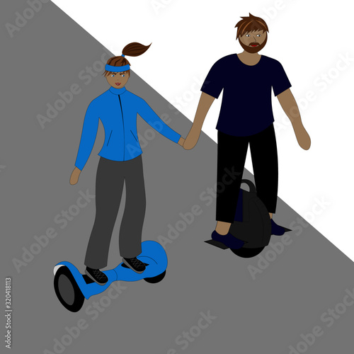Young couple is riding on modern self-balancing scooters.