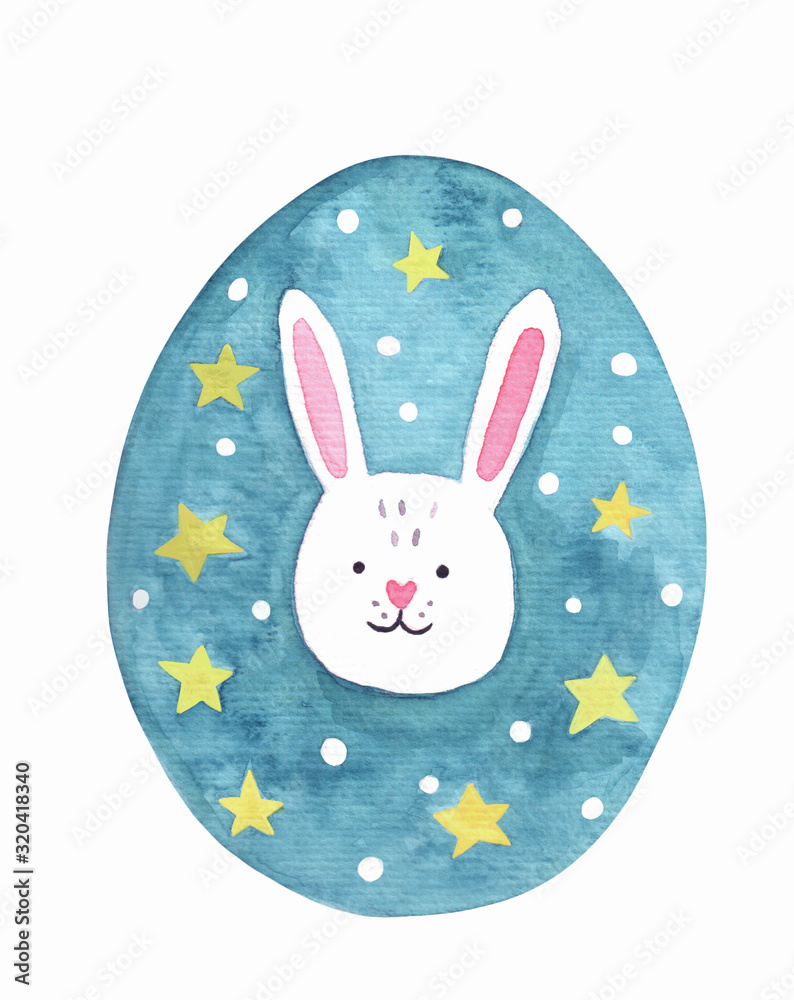 Easter egg with a rabbit and stars on a turquoise background. Watercolor illustration Easter egg with a rabbit and stars on a turquoise background. Watercolor illustration