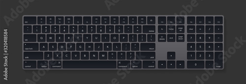 Modern black laptop bluetooth keyboard isolated on white. Minimalistic keyboard with black buttons. Vector illustration