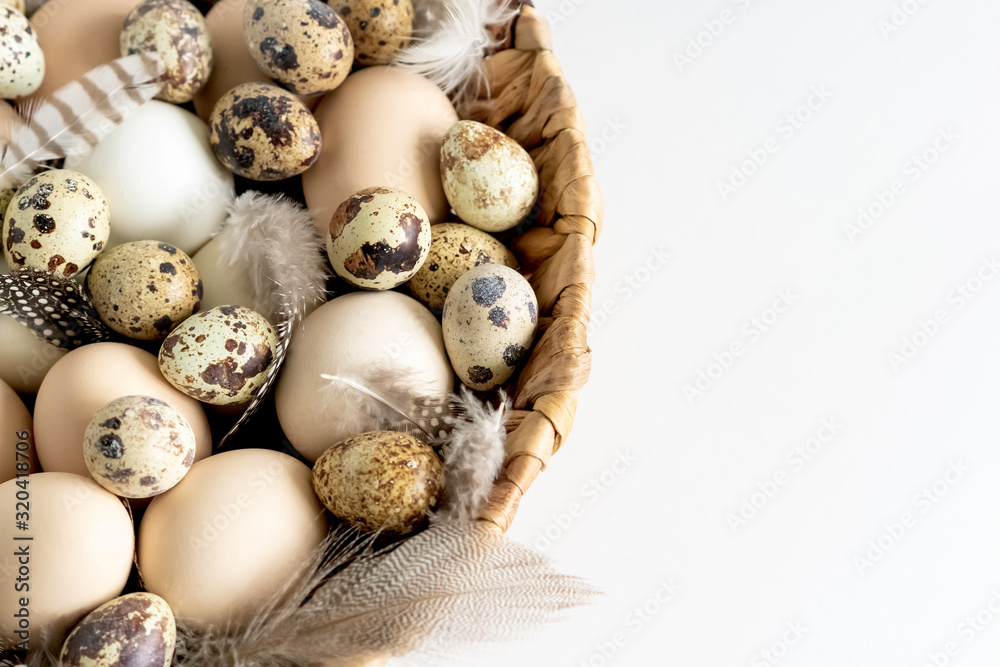 White and brown Easter eggs and feathers in a basket on white background. Natural healthy food and organic farming, easter and spring concept.