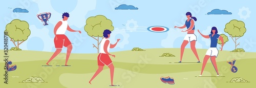 Female Team Exercising with Frisbee on Park Lawn