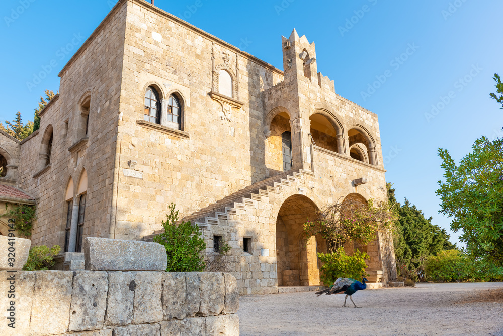 Peacock in front of medieval Monastery of Filerimos on hill of Philerimus (Rhodes, Greece)