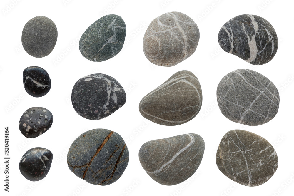 Set of different stones top view. Sea Striped and textured stones, round and oval shape collection. Stock photo Isolated on a white background Set of different stones top view. Sea Striped and textured stones, round and oval shape collection. Stock photo Isolated on a white background