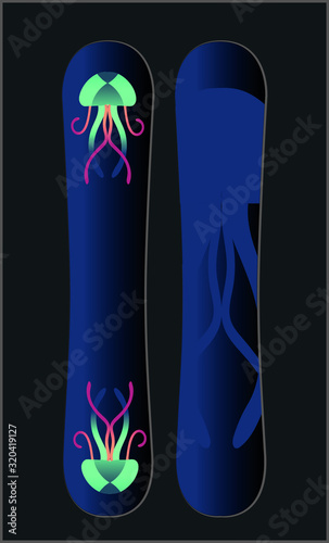 Snowboard mockup - front and back view. Vector illustration
