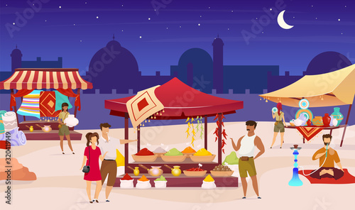 Turkish night market flat color vector illustration. Arabic bazaar, street fair. Tourists, foreigners buying souvenirs, spices faceless cartoon characters with trade awnings on background