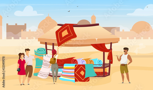 Tourists choosing persian rugs flat vector illustration. Eastern outdoor market. Trade awning with carpets on marketplace. Egyptian bazaar faceless cartoon characters with deserts town on background